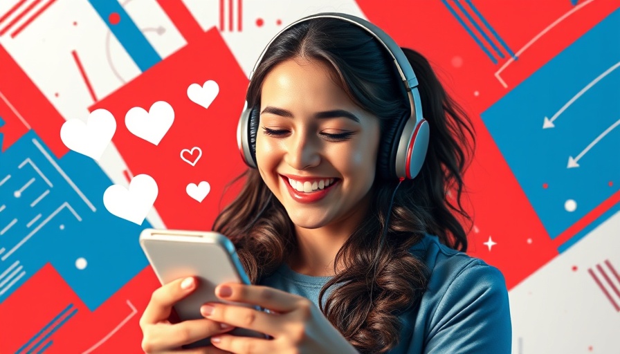 Young woman using phone for TikTok marketing, abstract background