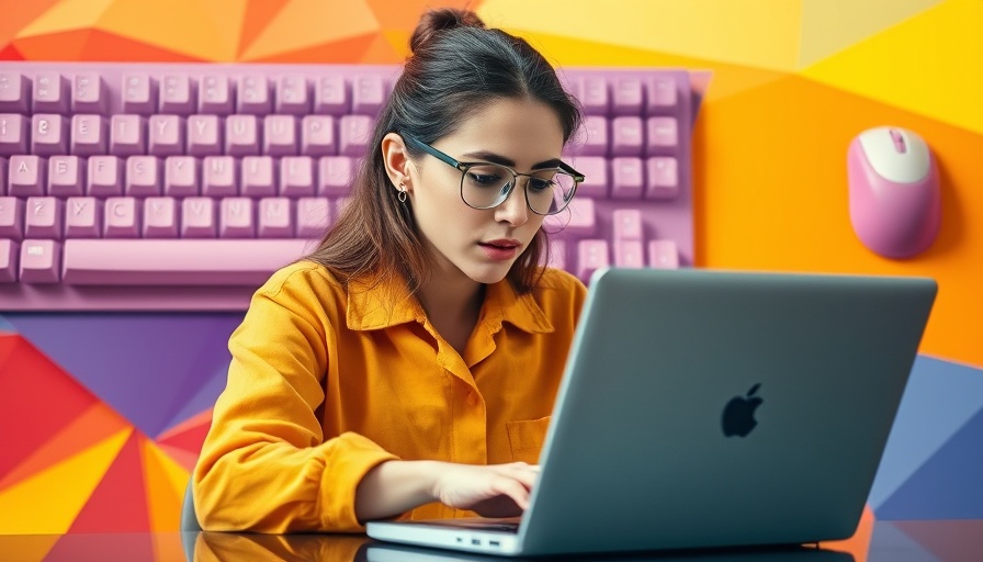 Customer Journey SEO for Veterinary Clinics: Woman using laptop in colorful collage.