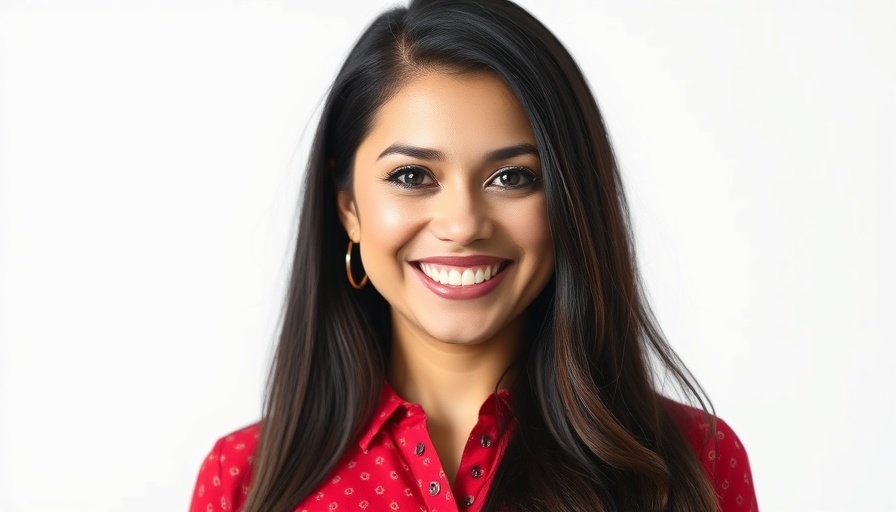 Woman smiling in red patterned blouse, wind energy demand concept.