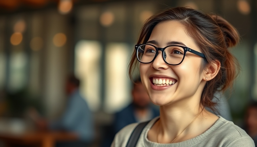Cheerful young woman with glasses engaging in conversation indoors