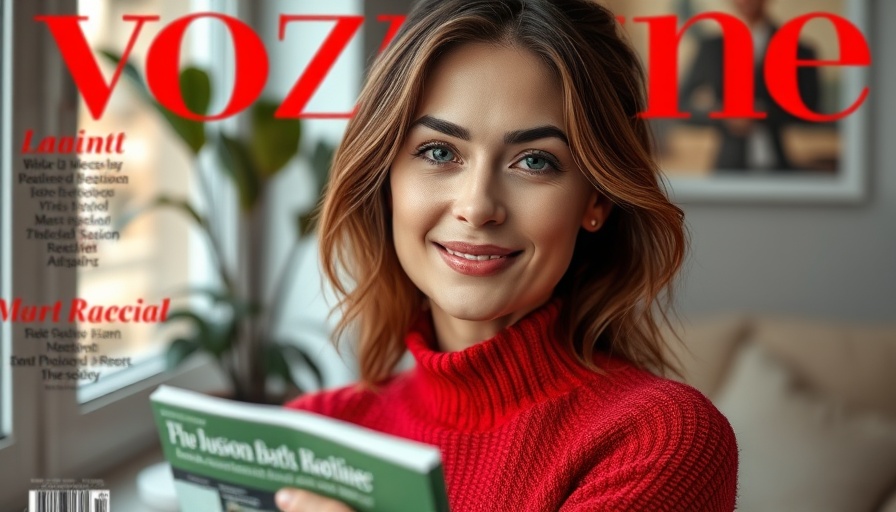 Magazine cover with woman in red sweater, relaxed pose.
