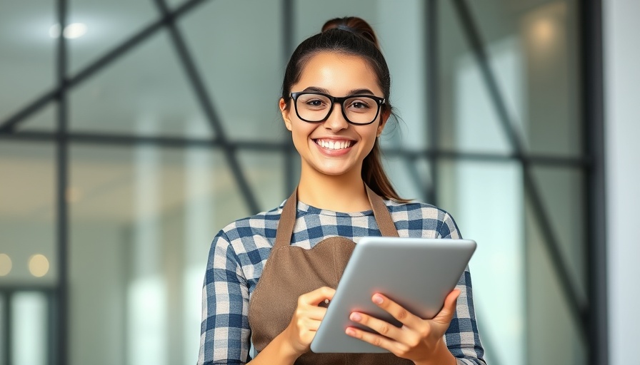 Young woman in apron smiling with tablet, small business marketing backdrop.