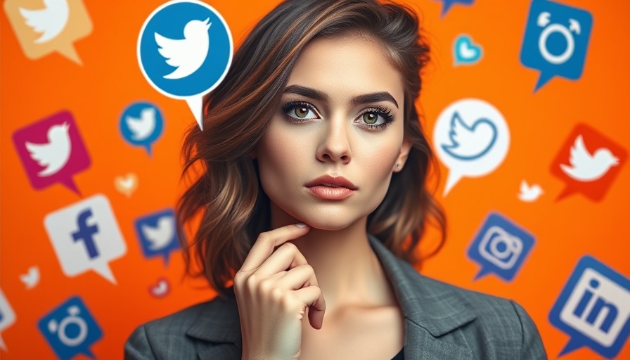 Social media icons around a thoughtful young woman.