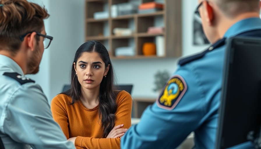 Concerned woman and police officer discussing issues, highlighting police reform.
