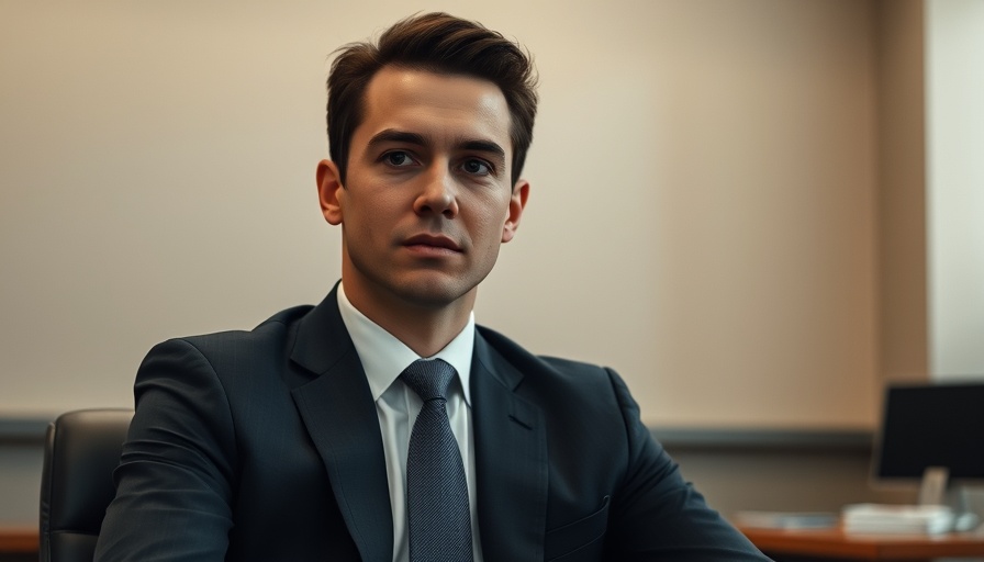 Young man in suit seated in office, discussing policies.