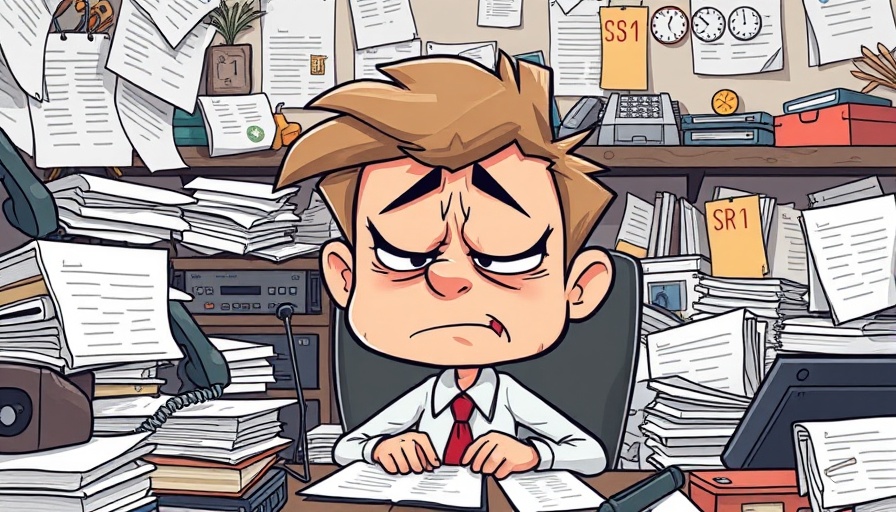 Cartoon character overwhelmed in office with phone and papers, reflecting empathy in veterinary care shortage.