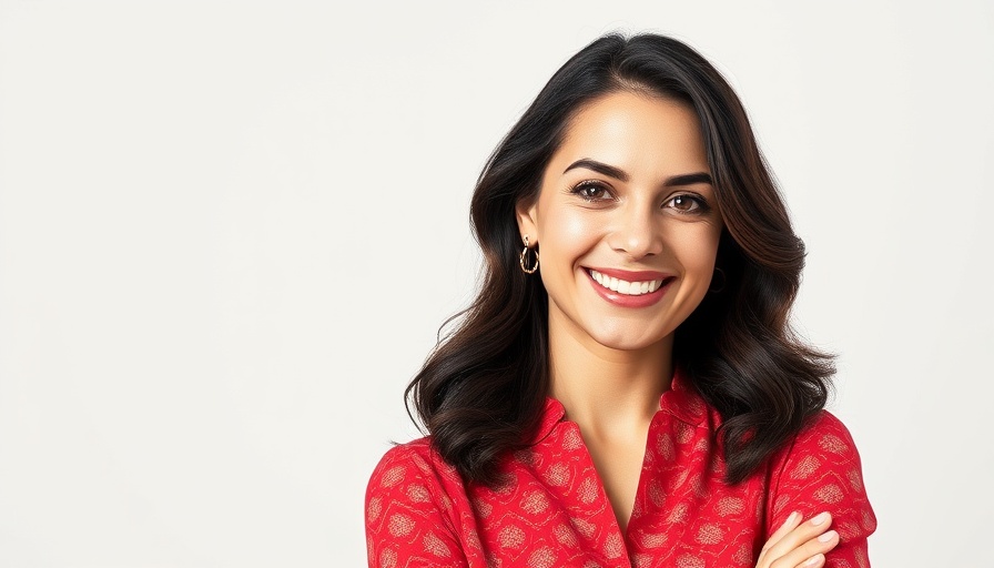 Confident woman in red blouse smiling for Dynamic Pricing for Veterinary Clinics