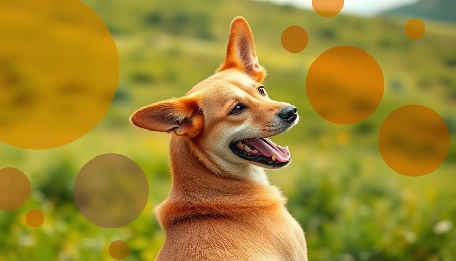 Happy dog in colorful circles with hills, triple protection in veterinary care.