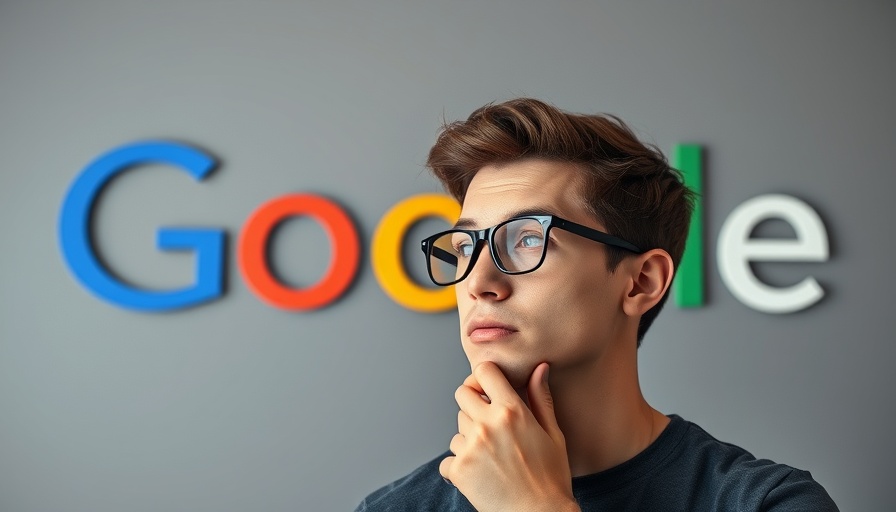 Young man contemplating in front of Google logo for Google's AI Overviews.