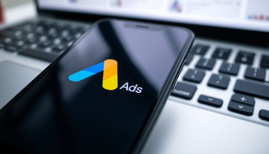 Smartphone displaying Google Ads logo in office, highlighting AI protections.