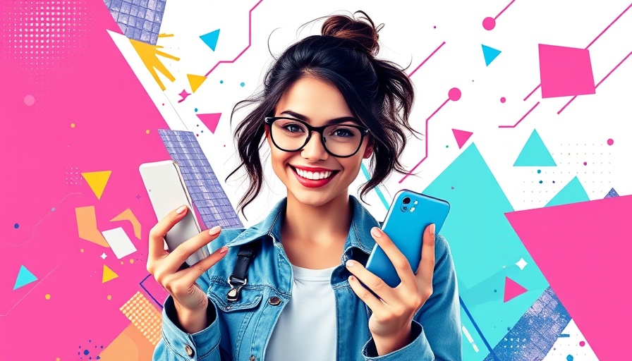 Woman engaged with digital trends reflecting modern graphic elements.
