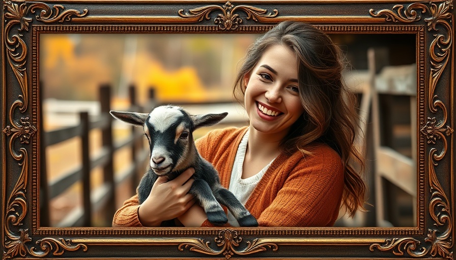 Vintage photo of woman holding goat in farm setting.