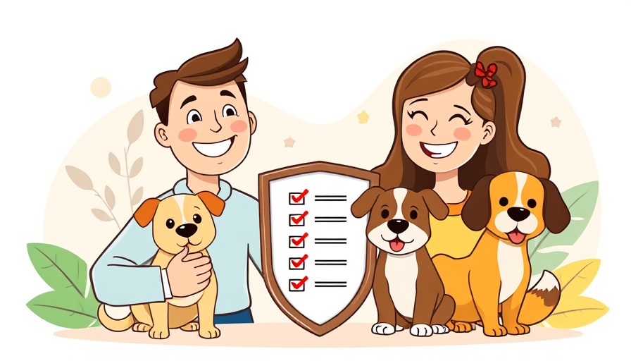 Cartoon of couple with dogs and pet insurance shield, urgent pay service pet insurance.