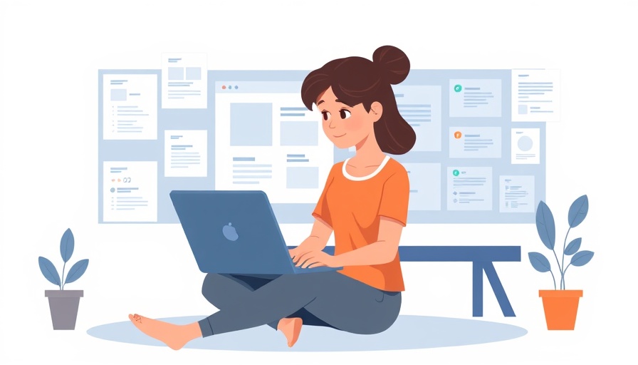 Minimalist illustration of woman with laptop and sitemap diagrams