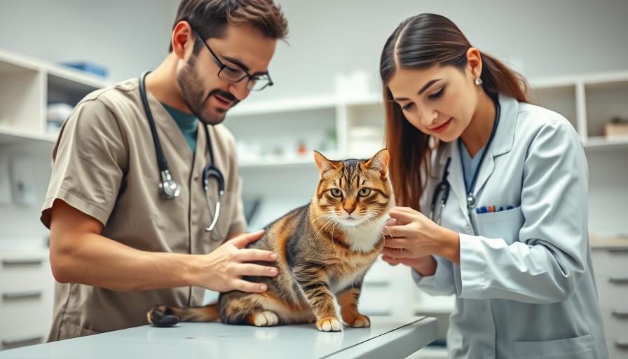 Veterinary professionals examine a cat in a clinic setting.