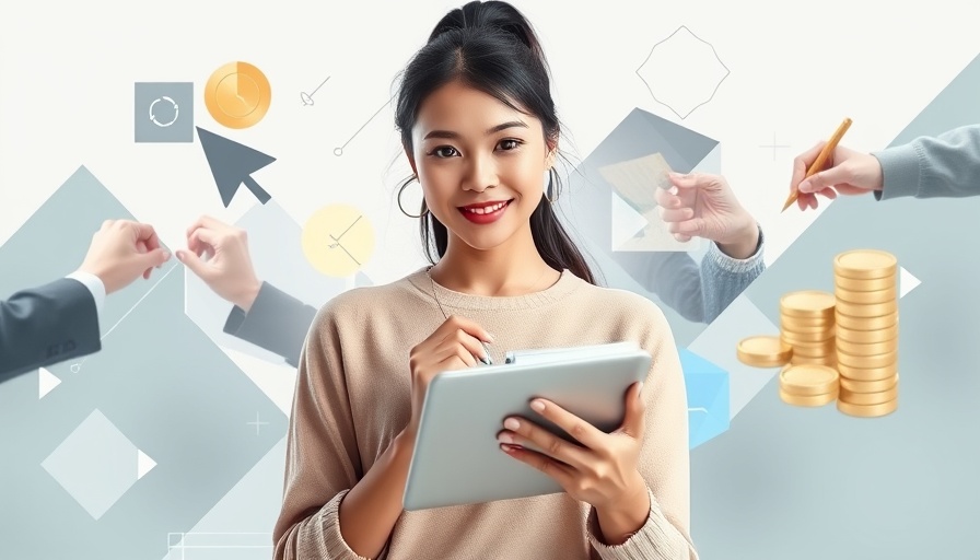 Confident woman with tablet symbolizing buyer journey keyword research.