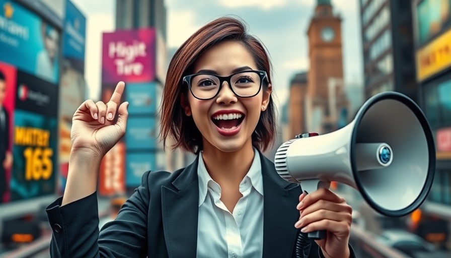 Confident woman with megaphone in cityscape, advertising concept.