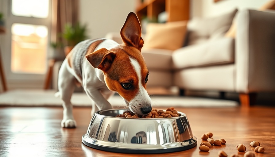 Jack Russell eating Skin Relief dry dog food in a bright room.