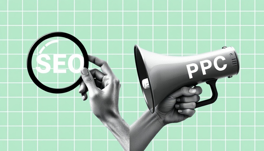 SEO vs PPC graphic showing a magnifying glass and megaphone.
