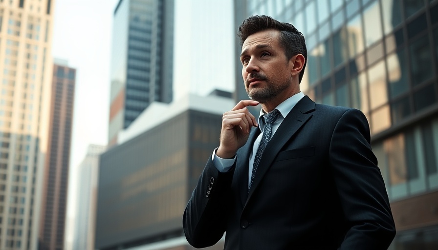 Confident businessman contemplating growth in urban setting.
