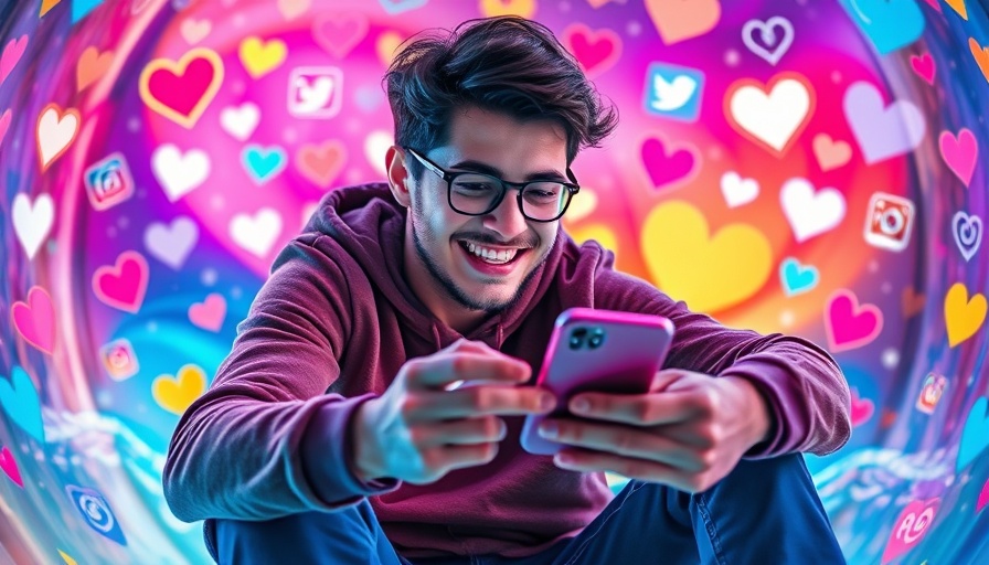 Young person interacting with social media, vibrant icons surround.