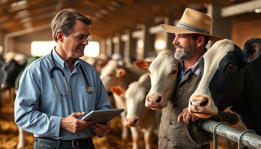 Veterinarian and farmer managing mastitis in cows in barn