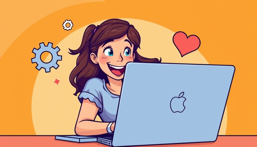 Young woman excitedly using laptop for social media marketing in vibrant setting.