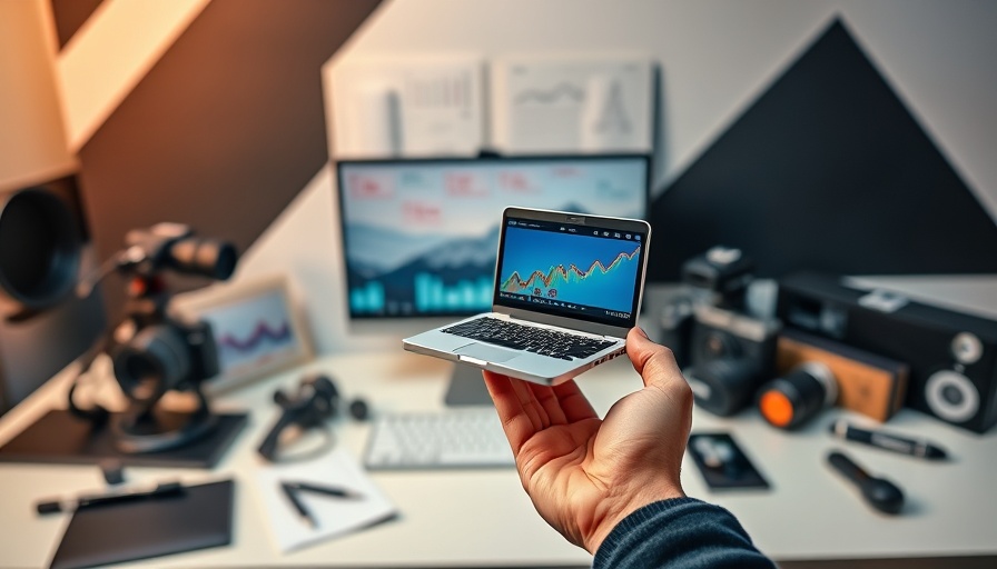 Creative remote digital marketing workspace with gadgets.