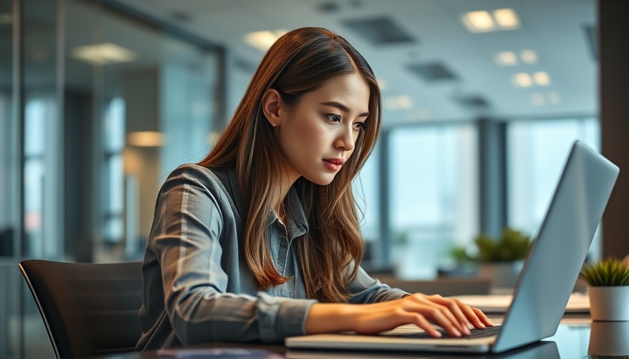 Young woman working on laptop in office setting, schema markup focus.