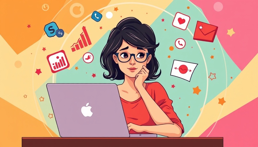Social media tools for veterinary clinics illustration with young woman and icons.