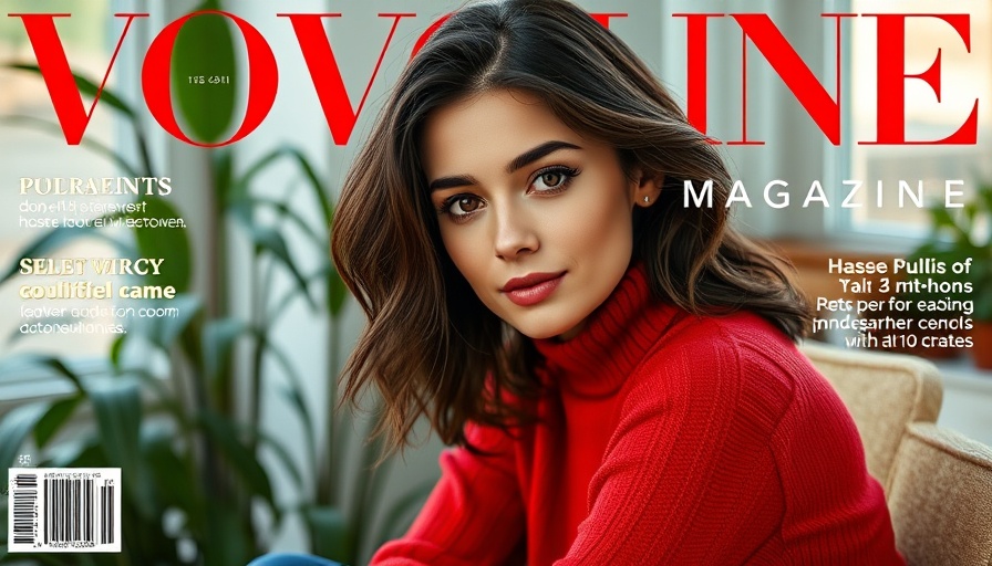 Magazine cover with woman in red sweater, soft lighting.