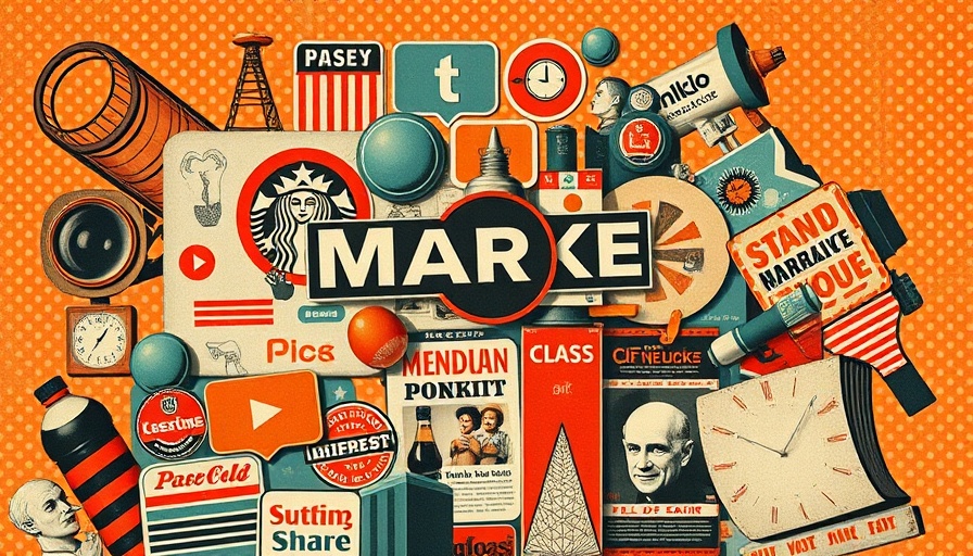 Retro marketing collage poster depicting advertising icons.