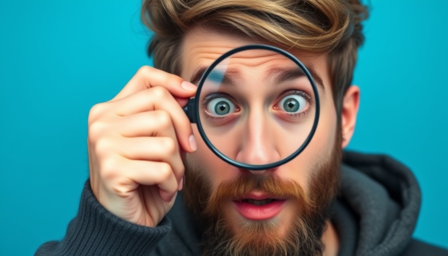 Young man with magnifying glass on blue background.