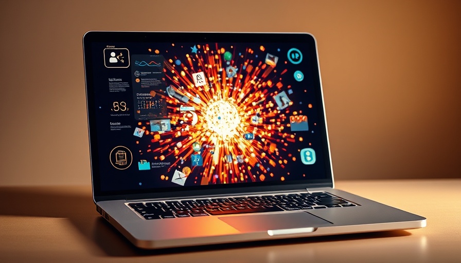 Modern laptop with sparkles and digital graphics, symbolizing technology.