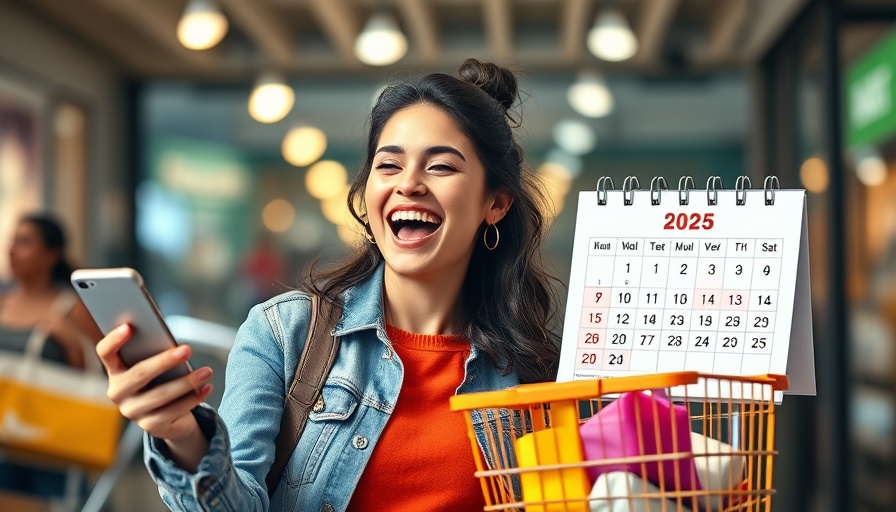 Smiling woman planning seasonal marketing strategy, colorful backdrop.