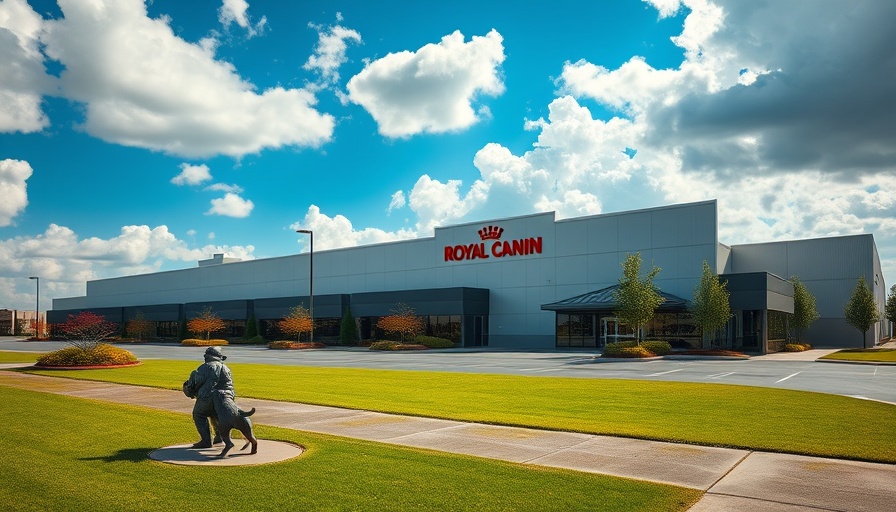 Royal Canin pet food manufacturing facility with statue and landscaping.