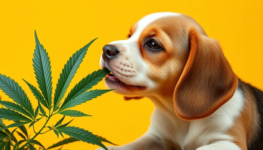 Beagle puppy interacts with cannabis leaf, illustrating CBD drug interactions in veterinary medicine.