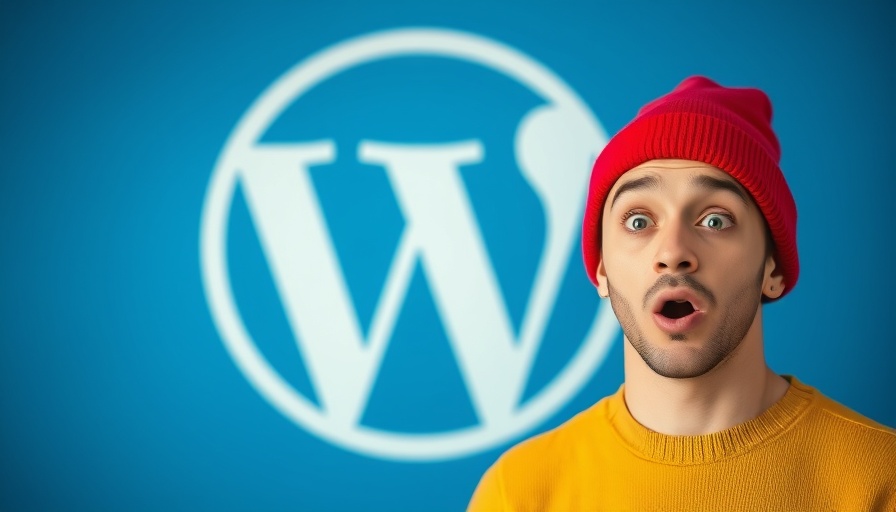 Surprised man with WordPress logo, blue background.