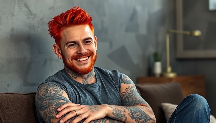 Confident man with red hair and tattoos, smiling indoors.