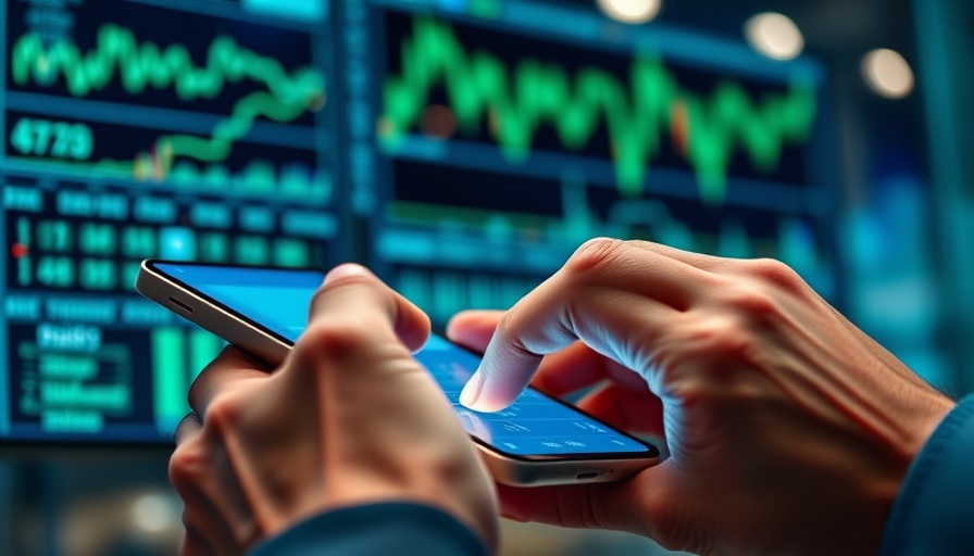 Analyzing financial data on smartphone with charts, tariffs impact visual.
