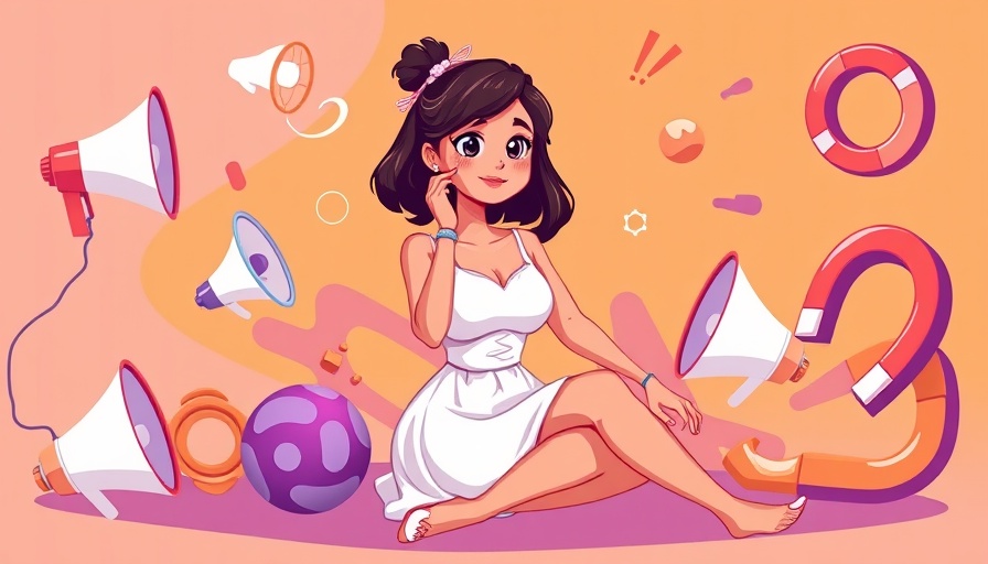 Modern graphic design featuring a thoughtful young woman surrounded by marketing symbols, ideal for showcasing AI tools for veterinary success.