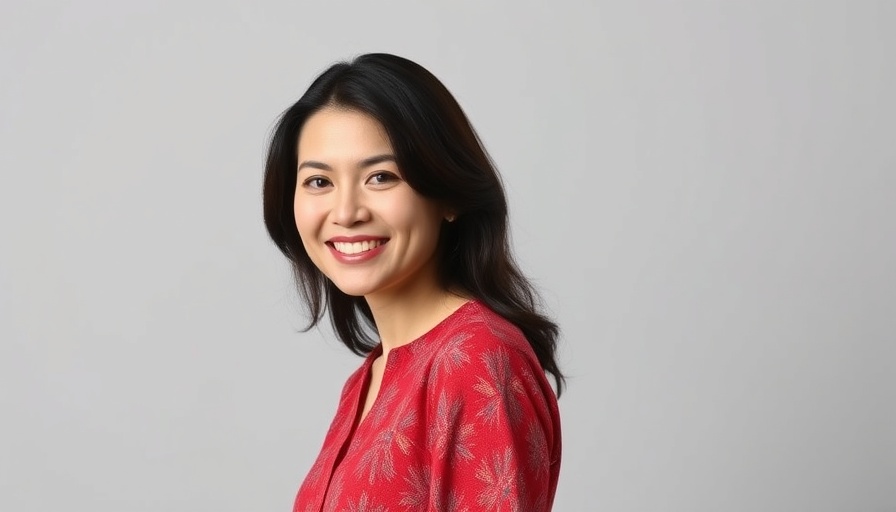 Woman smiling in red blouse, neutral background.