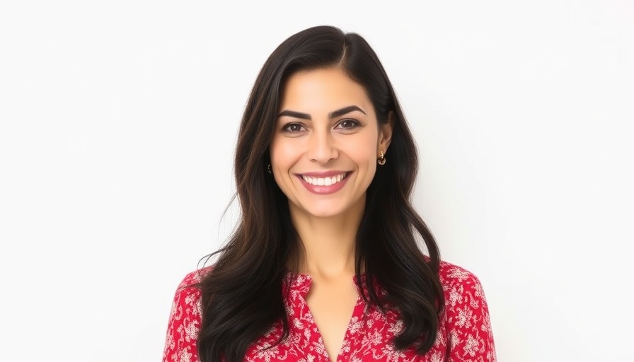 Portrait of a smiling woman in red blouse, textile recycling innovation theme.