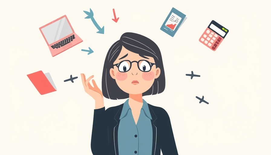 Confused woman surrounded by office items, symbolizing veterinary clinic leadership mistakes.