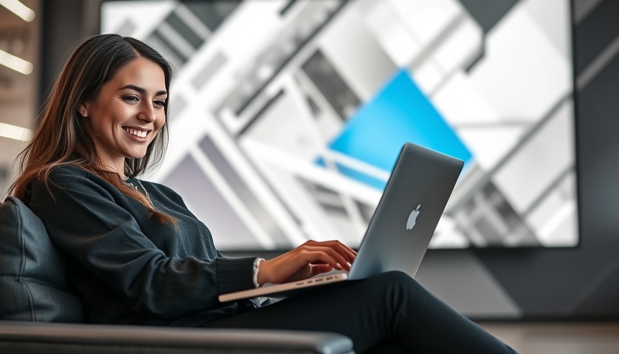 Graphic of woman with laptop and veterinary advertising screen.