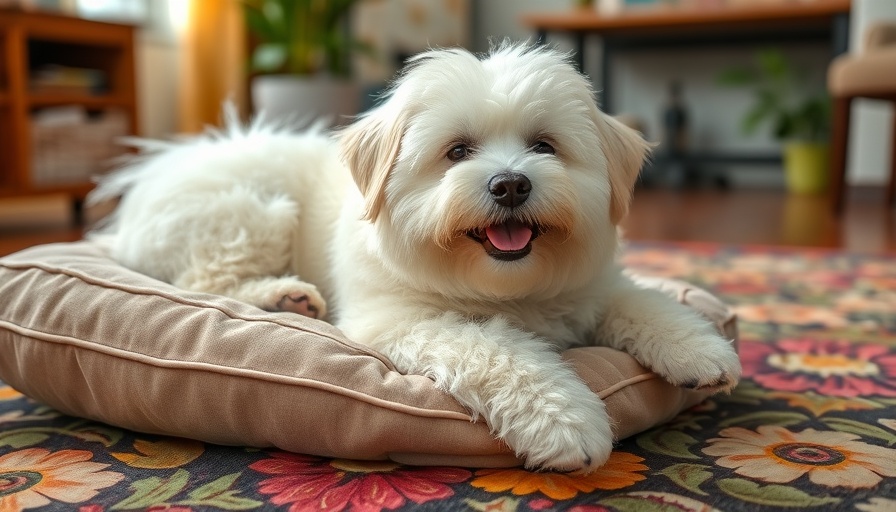 Fluffy white dog relaxing on cushion at Flynn Recovery Veterinary Care Innovations