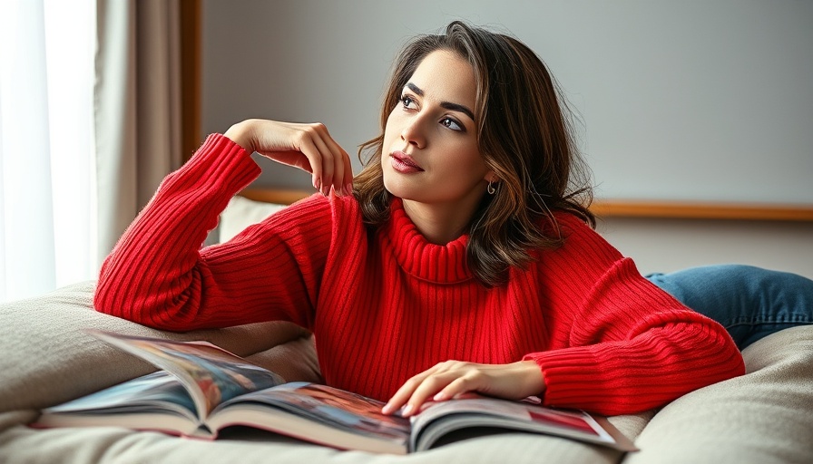 Confident woman in red sweater posing on magazine cover