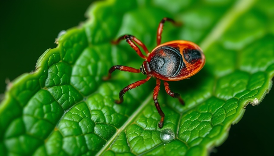 Close-up of a brown tick on a green leaf, highlighting 'rise of ticks'.