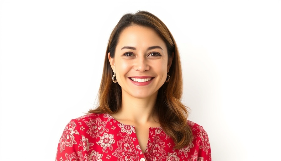 Smiling woman in red blouse posing against white background.