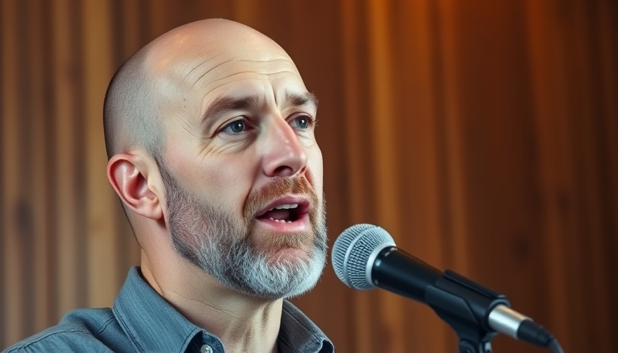 Bald man speaking into microphone in warm studio lighting.
